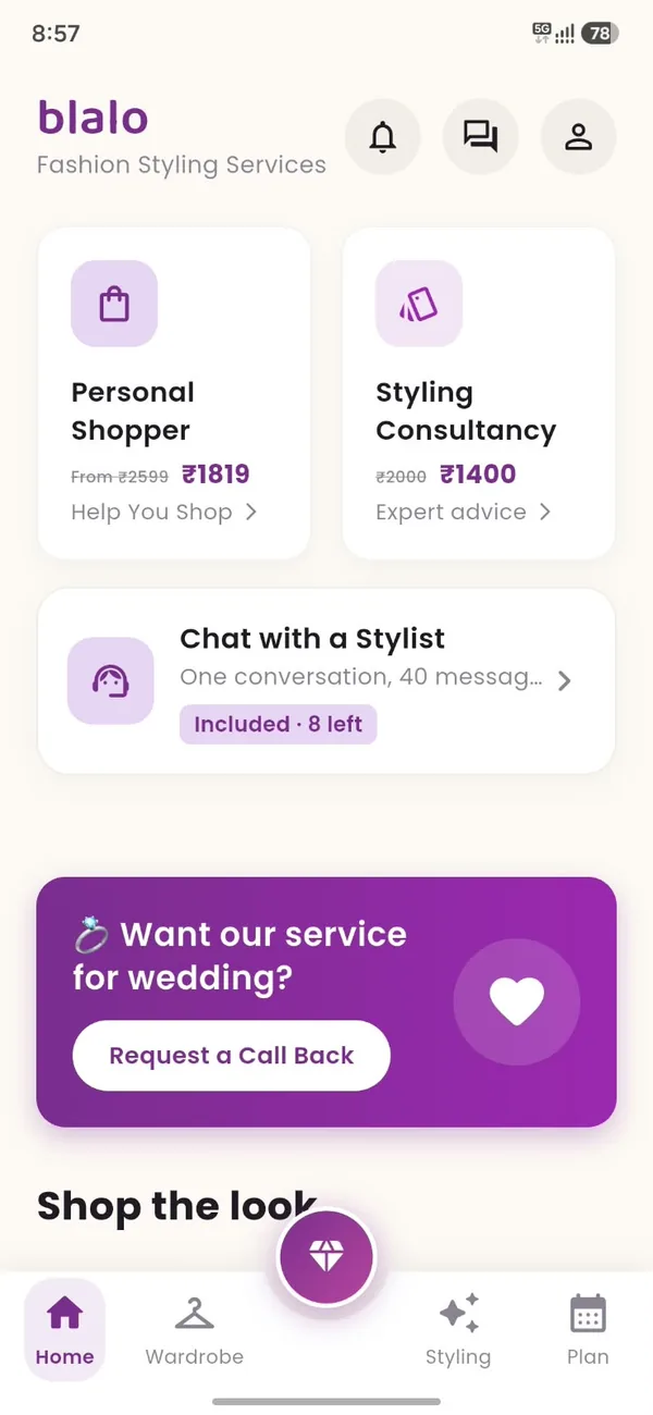 The Blalo app home screen